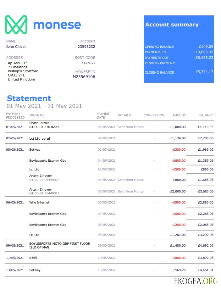 Modèle de relevé bancaire Monese du Royaume-Uni au format Excel et PDF template